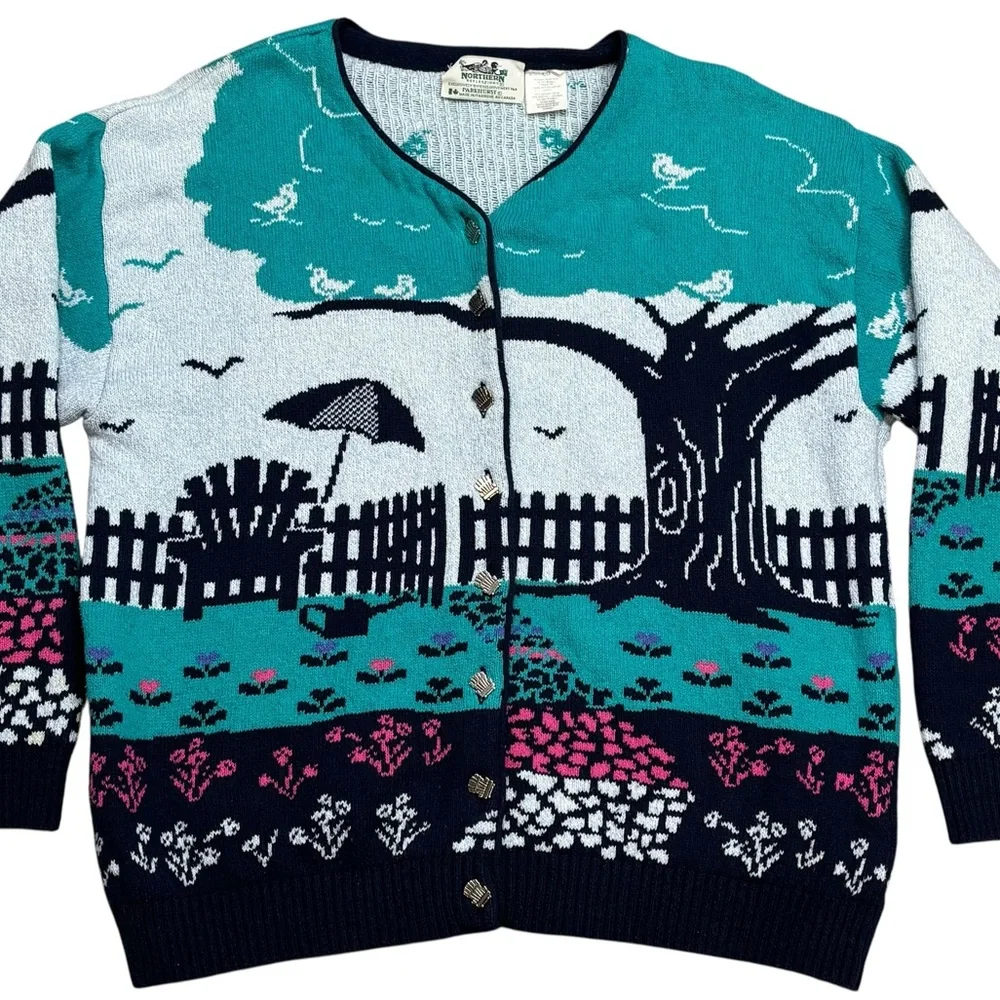 VTG Northern Reflections x Parkhurst Cabin Garden Scenic Cottagecore Cardigan L - Picture 2 of 11